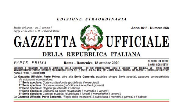 Pubblicato in Gazzetta Ufficiale Serie Generale n. 258 del 18.10.2020 il DPCM del 18 ottobre 2020.