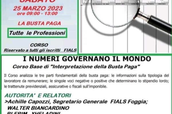 FIALS – Segreteria Provinciale di Foggia – Corso base: “Interpretazione della busta paga”. Foggia – 25 marzo 2023.