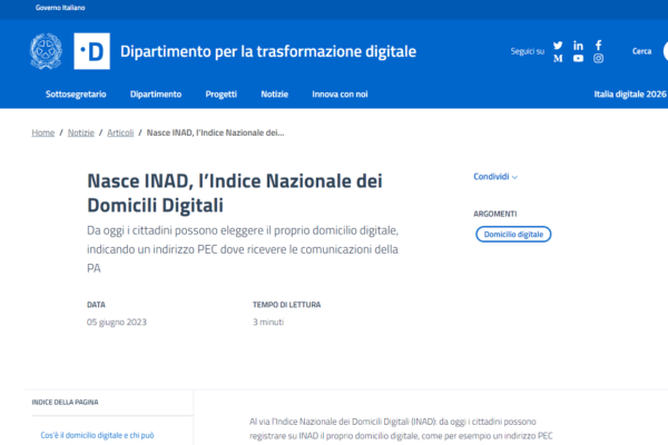 Nasce INAD, l’Indice Nazionale dei Domicili Digitali.