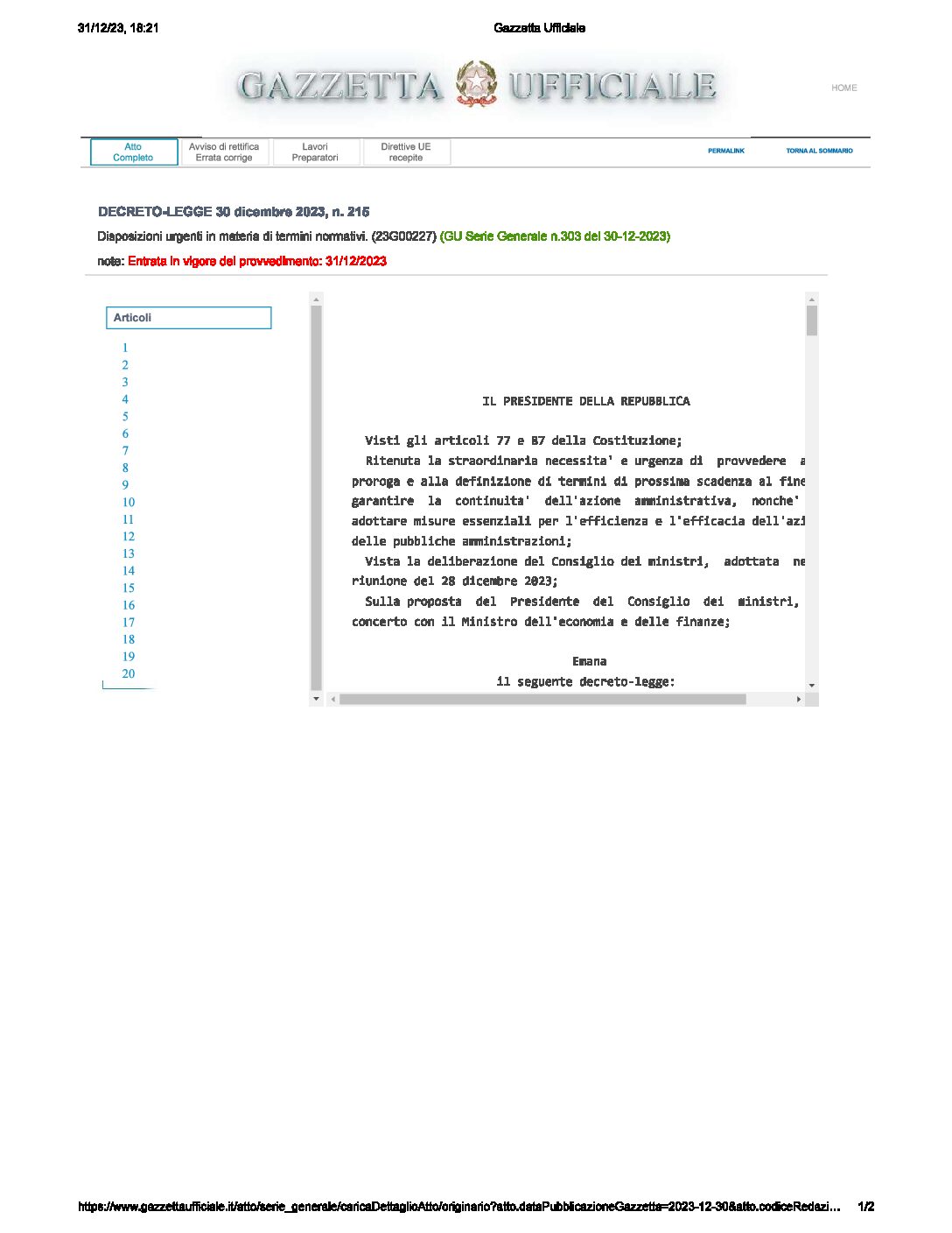 In Gazzetta Ufficiale Serie Generale n. 303 del 30.12.2023 il decreto “Milleproroghe”.